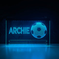 Customizable football achievement medal hanger, showcasing a colorful LED glow, engraved with a name and designed to hold and display football medals