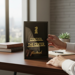 Gold mirror acrylic knight chess piece on black personalised wall frame