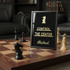 Side view of personalised chess quote frame with gold mirror acrylic lettering