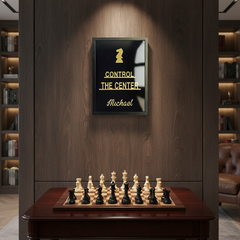 Personalised gold acrylic chess quote frame hanging on wall as home decor