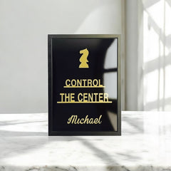 Front view of personalised chess quote frame with gold mirror acrylic chess piece and name