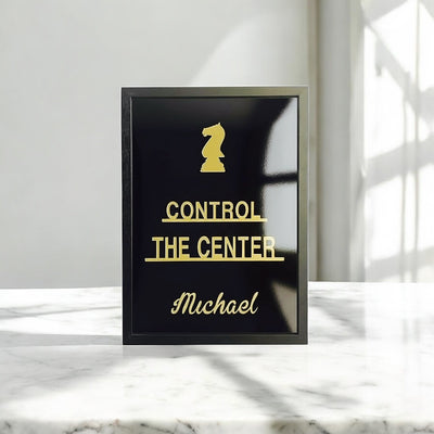 Front view of personalised chess quote frame with gold mirror acrylic chess piece and name