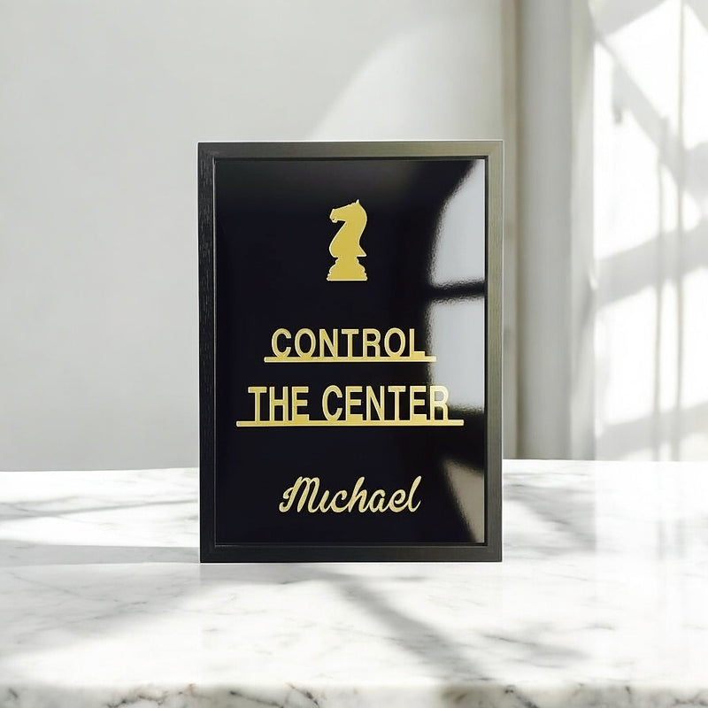 Front view of personalised chess quote frame with gold mirror acrylic chess piece and name